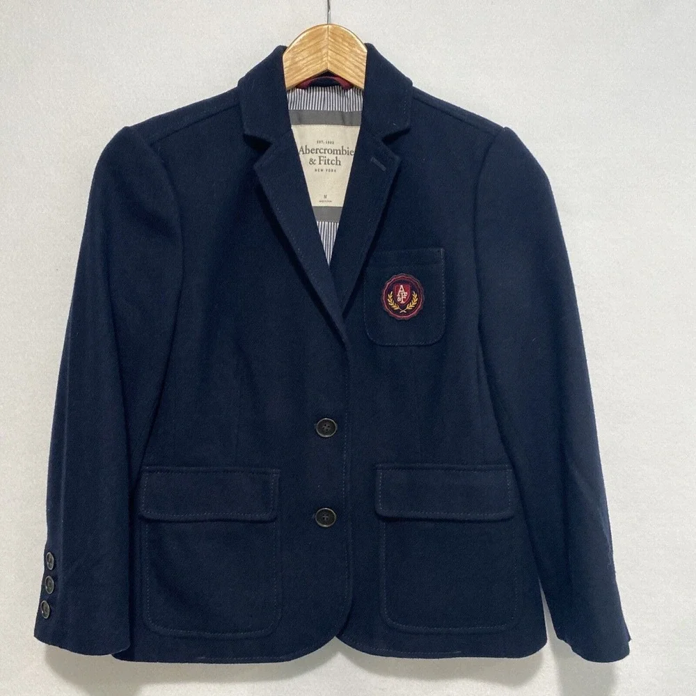 Abercrombie & Fitch‎ Navy Wool Blend Prep Lined Emblem Blazer Sz M
